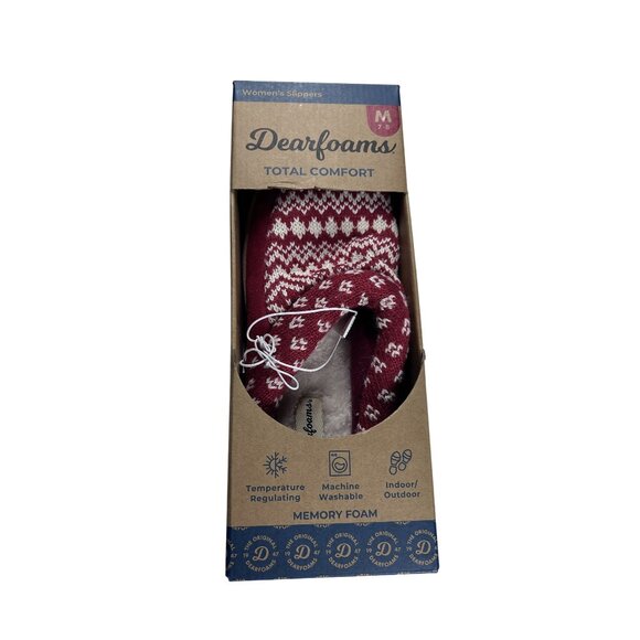 Dearfoams Womens Nordic Knit Memory Foam Slippers Size Medium Red/White NEW - Picture 1 of 10
